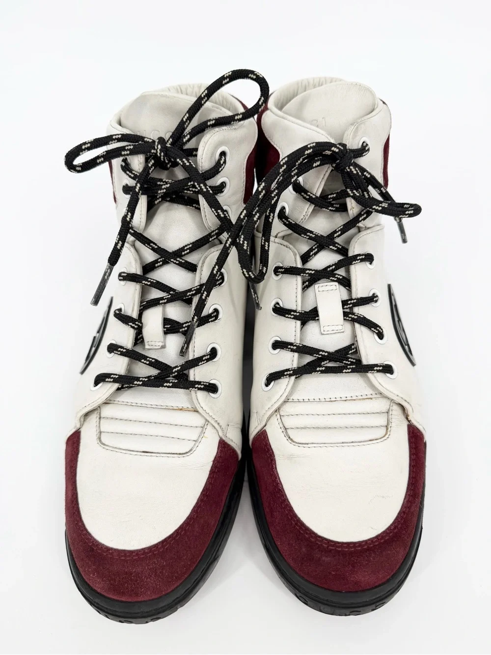 Gucci Burgundy/White GG Interlocking Leather Lace Up High Top Sneakers